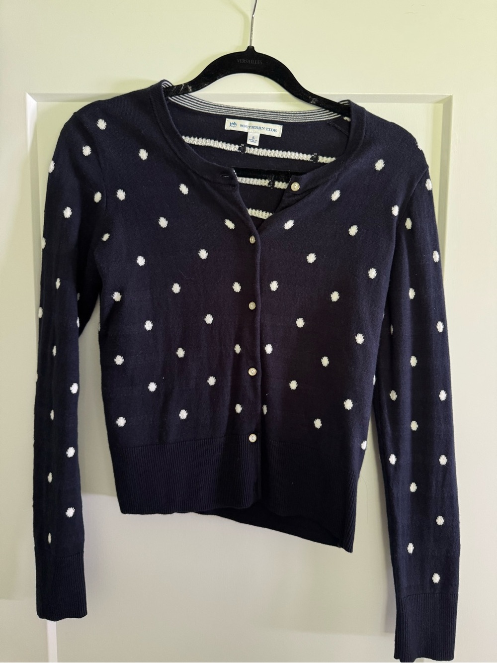 Nautica Navy Cardigan Sweater with White Polka Dots